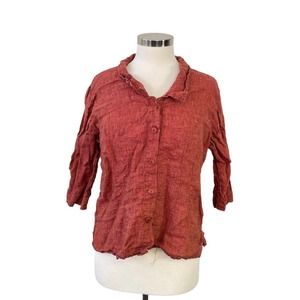 Flax Women's Small Red Button Front 100% Linen Top 3/4 Sleeve